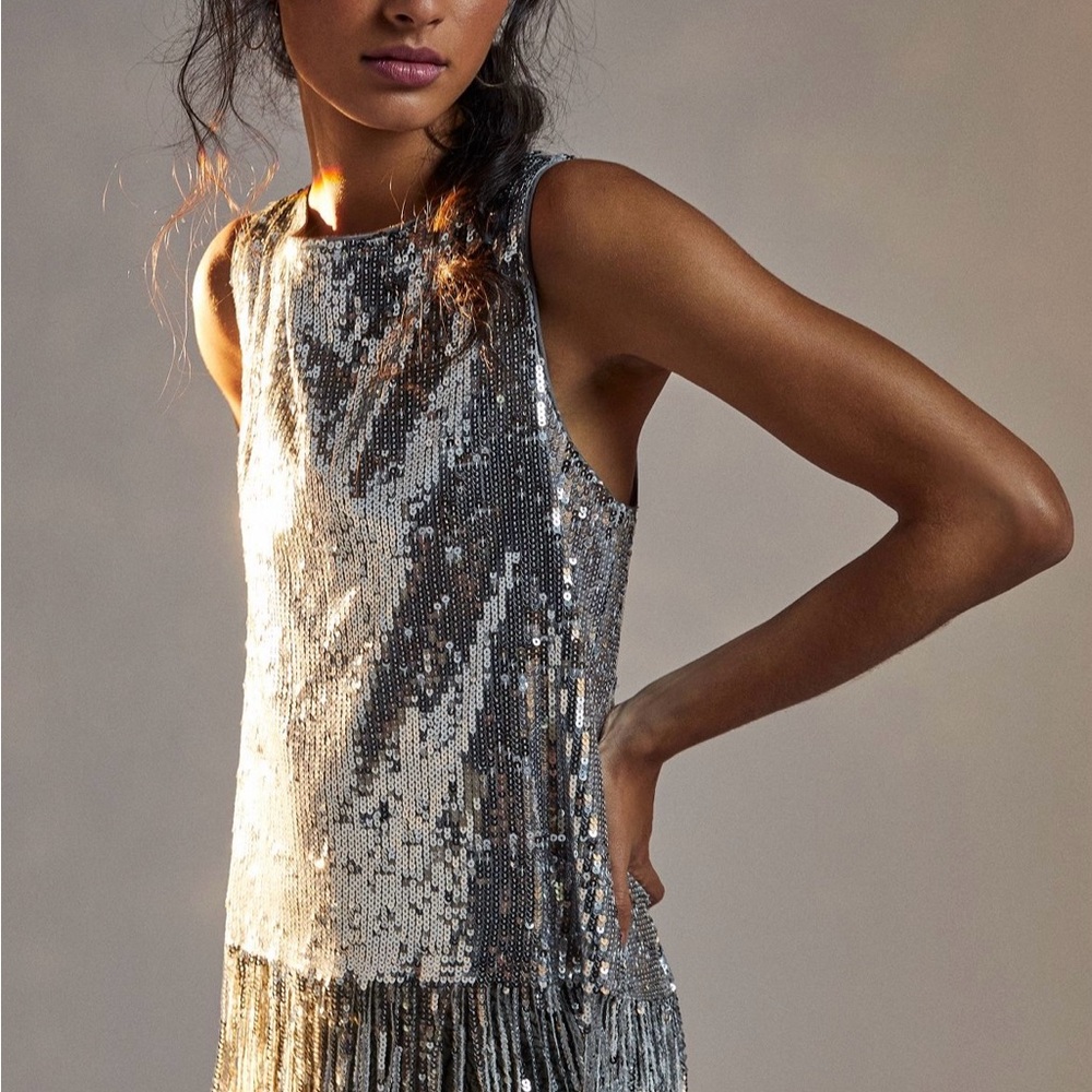 Anthropologie Silver Sequin Fringe Top